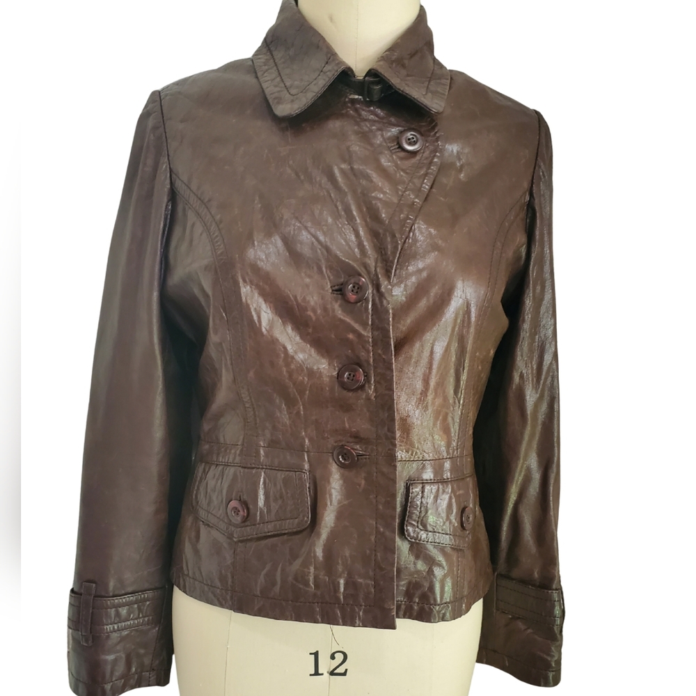VINTAGE 90s Women's Brown Crinkled Leather Jacket German Style SZ 40